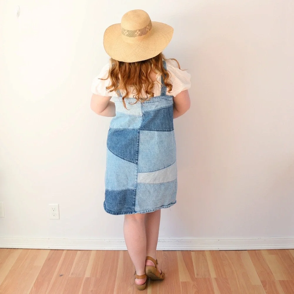 GAP Patchwork Denim Mini Dress Blue Button Front Sleeveless Pinafore L - Picture 3 of 7